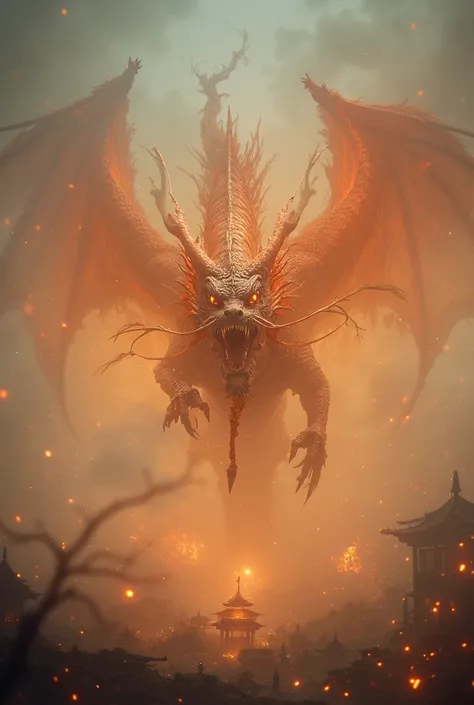 The dragon raises its wings ,  creates a wind that makes the Lian lantern almost go out . 

in the background,  visible visual shadow of past stories :  dragons fly in the sky and their protected villages