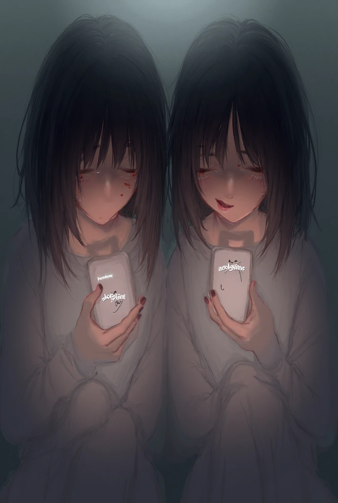 "Two girls sitting in the same area, both holding phones with ackyshine written on the back, but one is crying while looking at her phone and the other is smiling while looking at her phone."