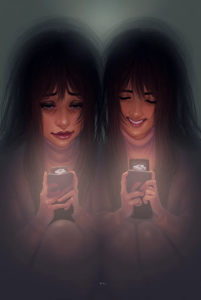 "Two girls sitting in the same area, both holding phones with ackyshine written on the back, but one is crying while looking at her phone and the other is smiling while looking at her phone."