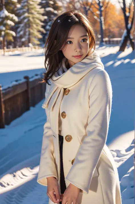 (8k, RAW photo, photorealistic, HQ, masterpiece), a cute Japanese girl,(glowing eyes), 
(laugh ), brown hair, fluffy Pixie Bob hair, large breasts, (Stylish winter outfits, Scarf, coat, long skirt), 
standing pose, Seductive pose, (Snow continuing to fall:...