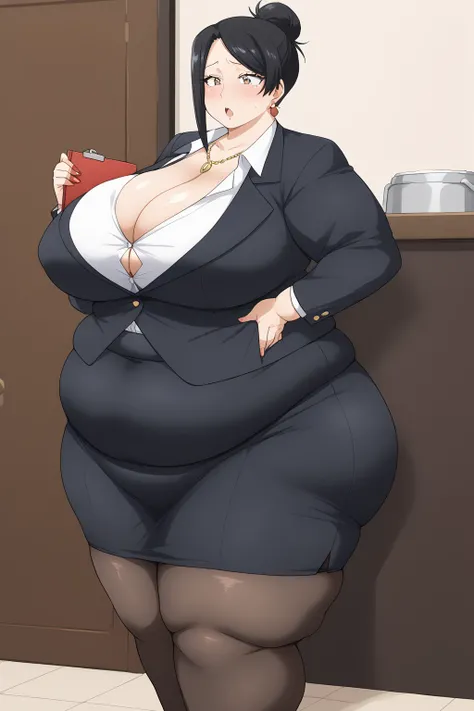 Takizawa Kyouko,  brown eyes,  black hair,  single hair bun, Clothes with a wide open chest,(Glossy mole),
 Big Breasts ,  Red Earrings ,  black suit, formal,  black jacket with a big axe,  white shirt,  pantyhose,  black tight skirt 　, golden necklace ,Se...