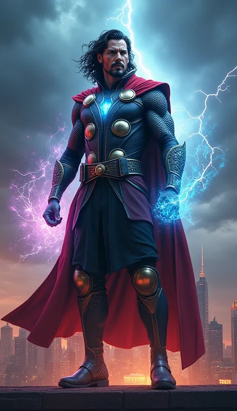 generate an image of Doctor Strange and Thor combined into 1 hybrid on a rooftop