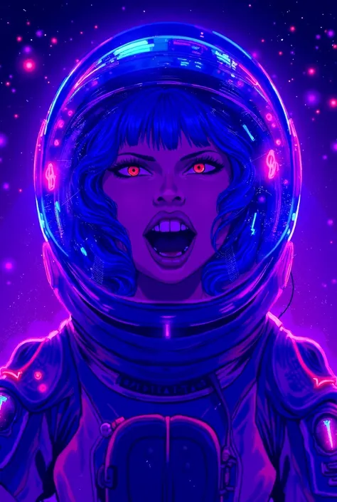 "A dramatic pixel-art illustration featuring Azucarilla wearing a futuristic astronaut suit with vibrant neon accents (purple, pink, and blue). The suit is sleek and modern, with glowing panels and intricate details, matching her sweet and vibrant personal...