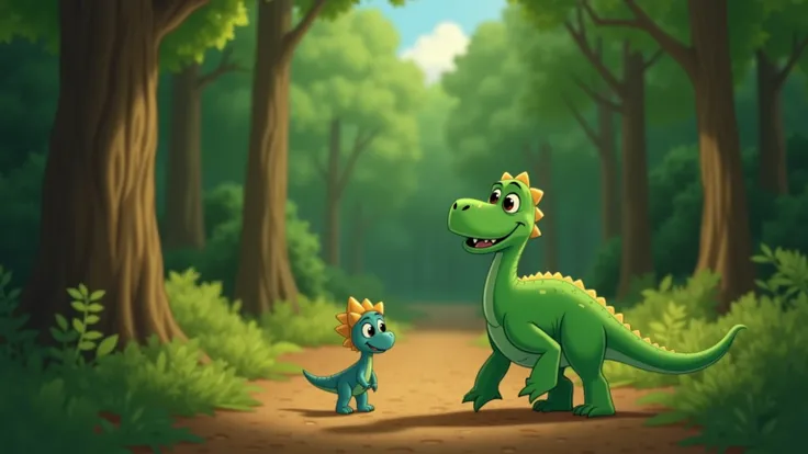  screen image for a Disney-style cartoon YouTube video story: The Dinosaur Returns Home : far away in the woods to a little dinosaur with a bright green skin,  with his big, kind eyes and long , fluffy tail. 