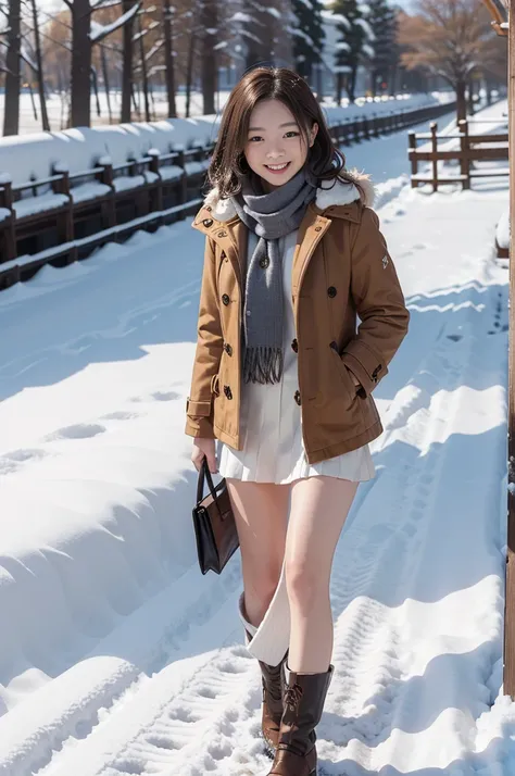 (8k, RAW photo, photorealistic, HQ, masterpiece), a cute Japanese girl,(glowing eyes), 
(laugh ), brown hair, fluffy Pixie Bob hair, large breasts, (Stylish winter outfits, Scarf, coat, long skirt), 
standing pose, Seductive pose, (Snow continuing to fall:...