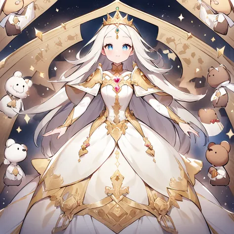  draw God, the Princess, and the Bear with a cute illustration touch。The size of the picture is square 。 it feels like God and the Bear are serving the princess 。