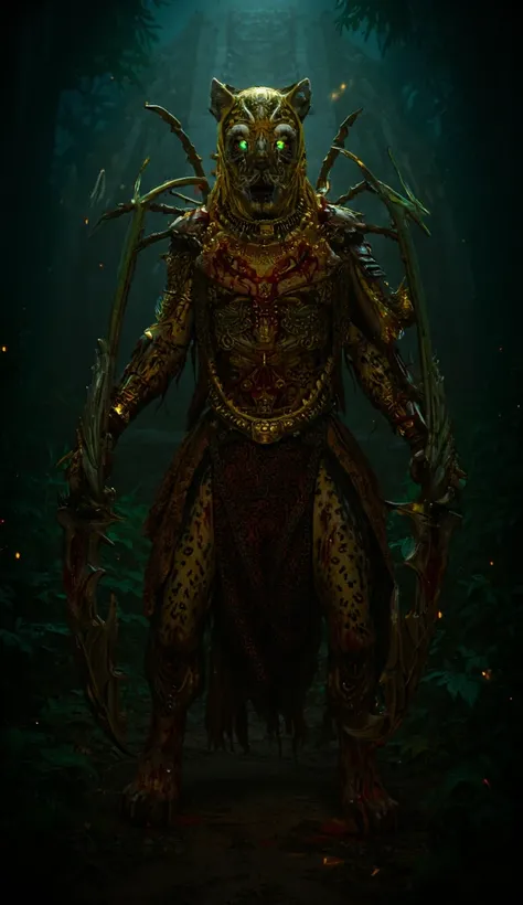 "A menacing anthropomorphic jaguar warrior with sleek, blood-spattered golden fur covered in black rosettes. Its glowing green eyes pierce the darkness, and its sharp claws are extended, dripping with blood. The jaguar wears tribal armor made of bones and ...