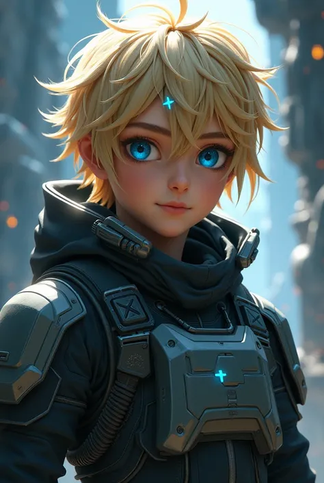 Blond boy,  warrior with blue eyes, small blue cross clips,  hairpins with medium length hair,  ruffled ,  Cyberpunk, smirk, space military uniform,  realistic