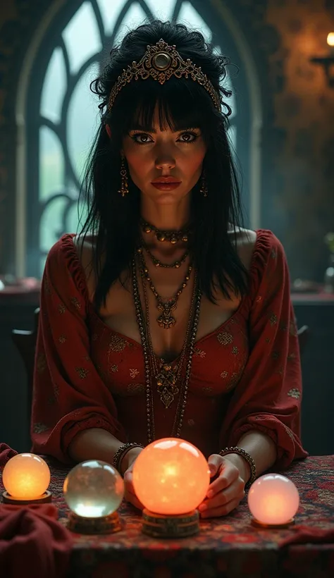 woman, Straight black hair that extends to the shoulders,  Big Bust , Dressed as a card fortune teller,  Crystal Balls , Gypsy,  stare at the camera ,  Photorealistic 