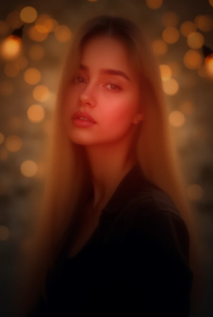 cute american young woman, long hair, blonde, plump lips, professional photo, soft smile, dark shirt, full height, bright picture, natural light, night, christmas lights, bokeh background