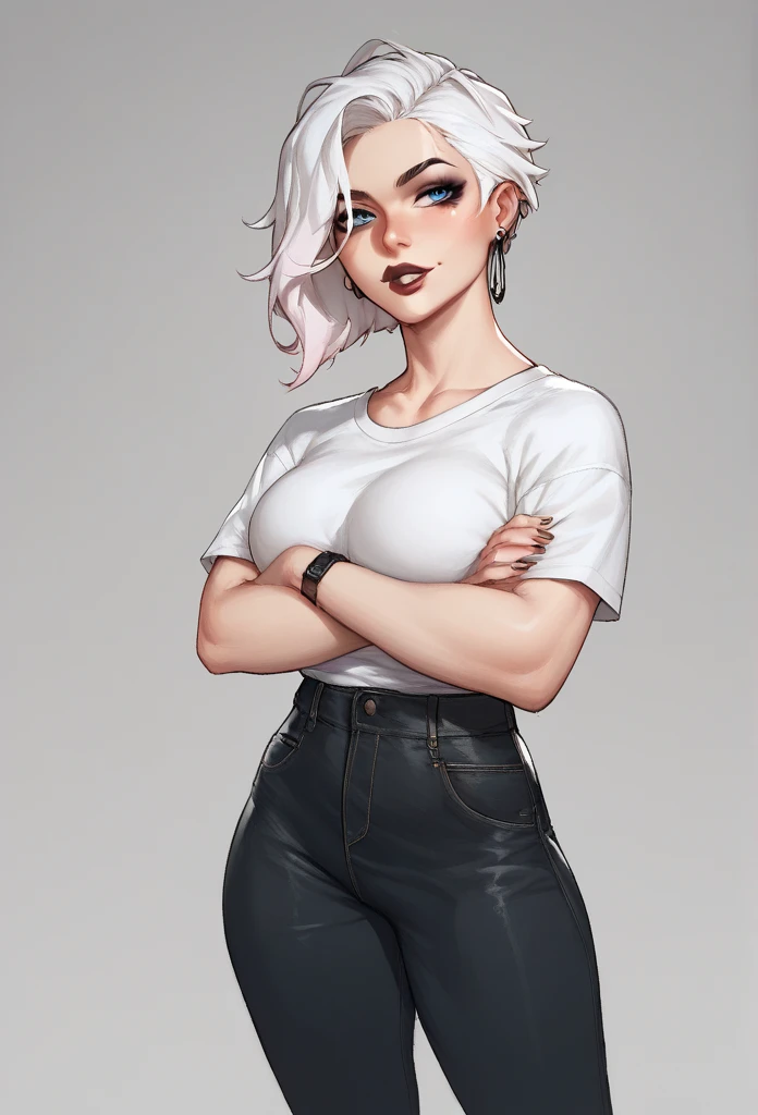  The image shows a digital illustration of a female figure .  She has long white hair that seems to flow smoothly .  The character is wearing an oversized white shirt ,  that covers part of her legs .  with a confident expression ,  she raises her arms abo...