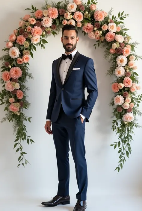 there is a man standing in front of a flower arrangement, a picture by Robbie Trevino, instagram, realism, in front of white back drop, profile picture, formal attire, professional picture, photo taken in 2 0 2 0, nivanh chanthara, full body photogenic sho...