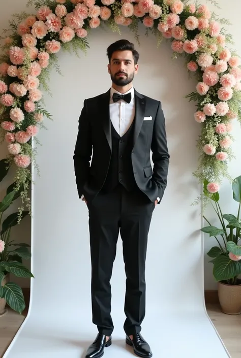 there is a man standing in front of a flower arrangement, in front of white back drop, profile picture, formal attire, professional picture, photo taken in 2 0 2 0, nivanh chanthara, full body photogenic shot, profile photo, ash thorp khyzyl saleem, groom,...