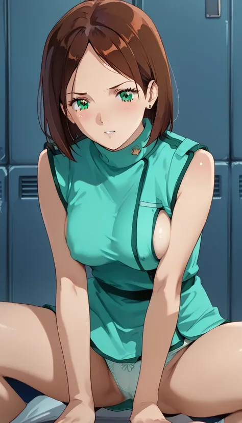  Masterpiece  ,  top quality , ( ULTRA DETAIL), nsfw,Ema Sheen, squats, boob visible ,locker room,  Big Breasts , Handjob_ gestures , brown hair , green eyes, squats, uniform, sleeveless, I see white panties,  miniskirt, composition from the front