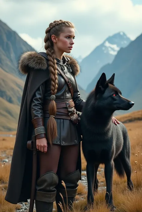 A fierce and determined teenage Viking stands confidently beside a young black wolf in the midst of a windswept mountain pass. Her braided hair is now longer, intertwined with leather cords and tiny bone charms. She wears a fitted leather tunic and fur-lin...