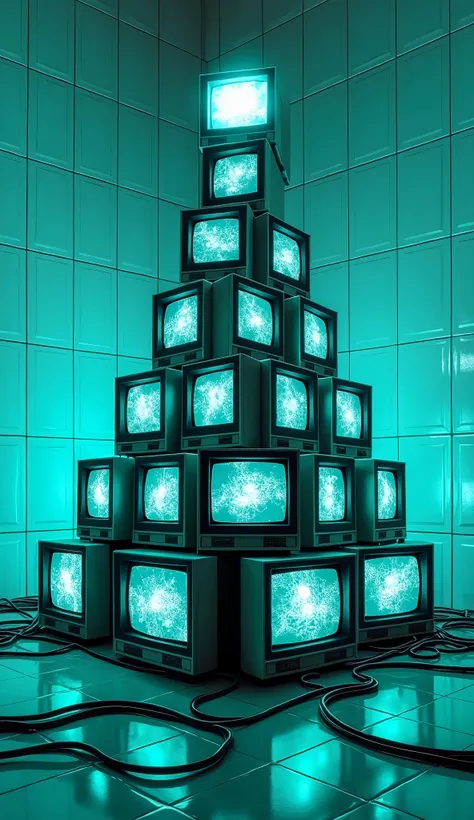 This image captures a striking, futuristic installation: a towering pyramid of vintage CRT monitors meticulously stacked within a stark, clinical room. The walls and floor are clad in glossy, white tiles, creating a cold, sterile environment that contrasts...