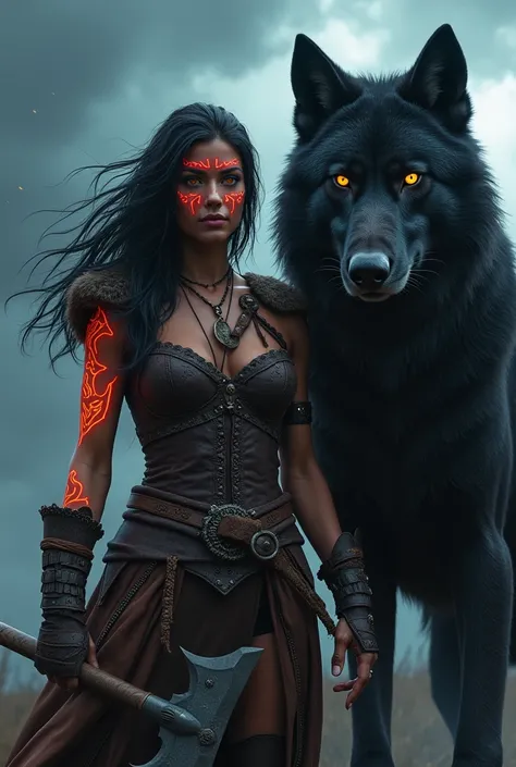 An imposing Viking warrioress stands tall beside a fully-grown black wolf under a stormy sky. Her raven hair cascades in wild waves, streaked with silver, her amber eyes glowing like molten gold. Intricate red runic tattoos glow faintly along her arms and ...