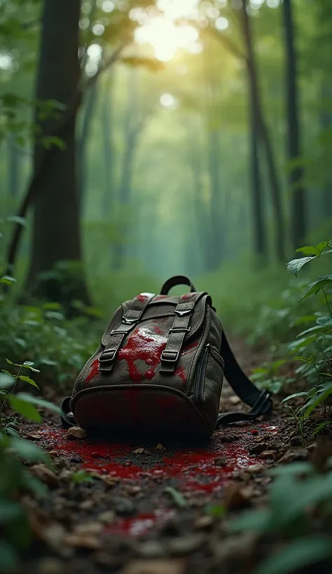 a bloody backpack in the woods at dawn