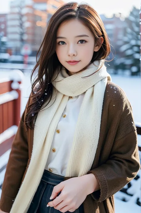 (8k, RAW photo, photorealistic, HQ, masterpiece), a cute Japanese girl,(glowing eyes), 
(laugh ), brown hair, fluffy Pixie Bob hair, large breasts, (Stylish winter outfits, Scarf, coat, long skirt), 
standing pose, Seductive pose, (Snow continuing to fall:...