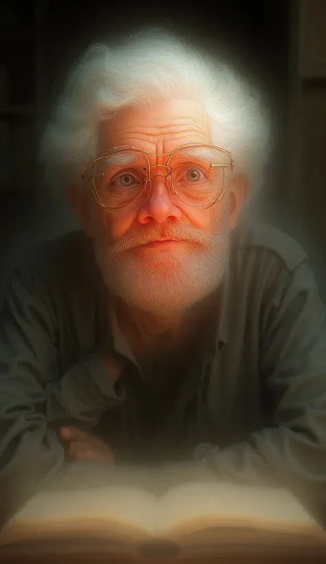 Friendly white-haired old man with blue eyes looking forward with glasses with one hand holding his chin and the other resting on the book, in a contemplative pose 