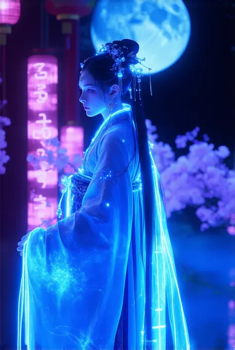 A futuristic, cyberpunk-inspired woman with intricate traditional Korean elements, wearing a flowing hanbok decorated with bright neon patterns. Her hair was styled elegantly with decorative accessories, glowing softly under the neon lights. The background...