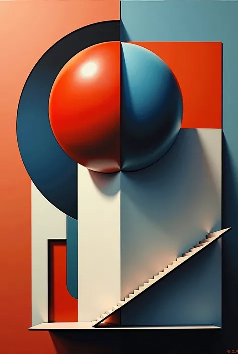  painting of a geometric composition with a red and blue sphere and a white building,  abstract geometry ,  abstract surrealist masterpiece ,  abstract geometric ,  abstract realism , 3d  abstract geometric  art,  abstract geometric art ,  bauhaus-style pa...