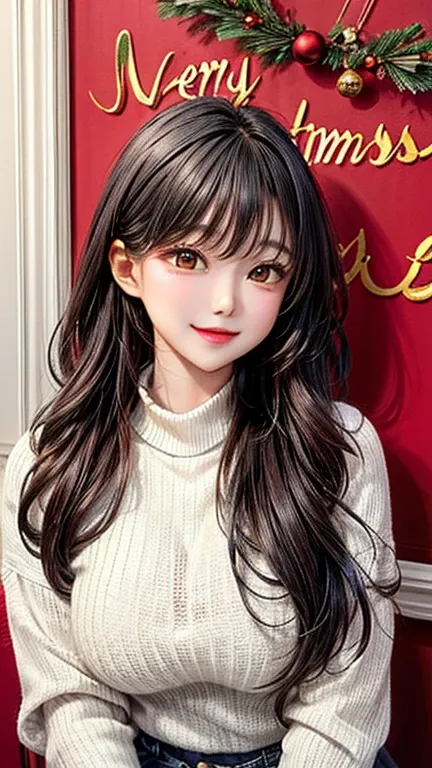       Asian Style、 Korean Style Idol 、 1 cute girl ,        my hair is long   、   my hem is wavy   、   My hair is split in the middle   、 Im holding out a Christmas cake、 Im wearing a white high neck sweater ,    The background is a red wall 、  long hair, ...