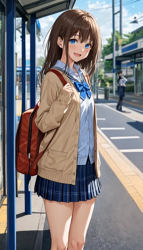 ｛school uniform, Cardigan｝,  navy blue plaid pleated mini skirt, dark blue socks 、Thin legs, cowboy shot、masterpiece,  top quality , Fine texture,  sharp. skin,  adult anime woman 、Alone、Happy smile、blush, open mouth、 deep blue eyes, Brown Hair、open jacket...