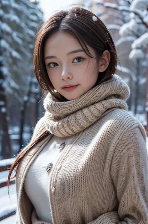 (8k, RAW photo, photorealistic, HQ, masterpiece), a cute Japanese girl,(glowing eyes), 
(laugh ), brown hair, fluffy Pixie Bob hair, large breasts, (Stylish winter outfits, Scarf, coat, long skirt), 
standing pose, Seductive pose, (Snow continuing to fall:...