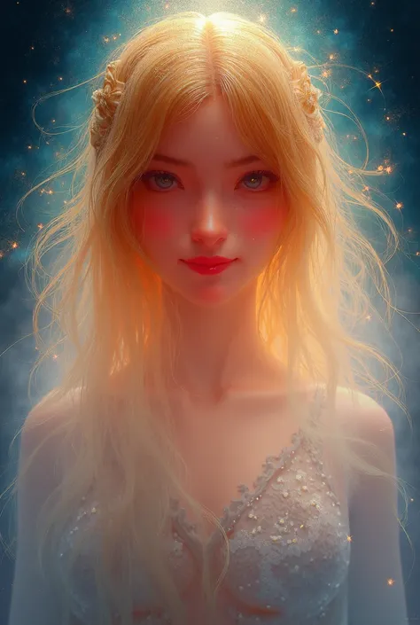 eleven, blond haired,  Blue Eyes, goddess clothes, shine in the eyes,  red lipstick, digital anime art 