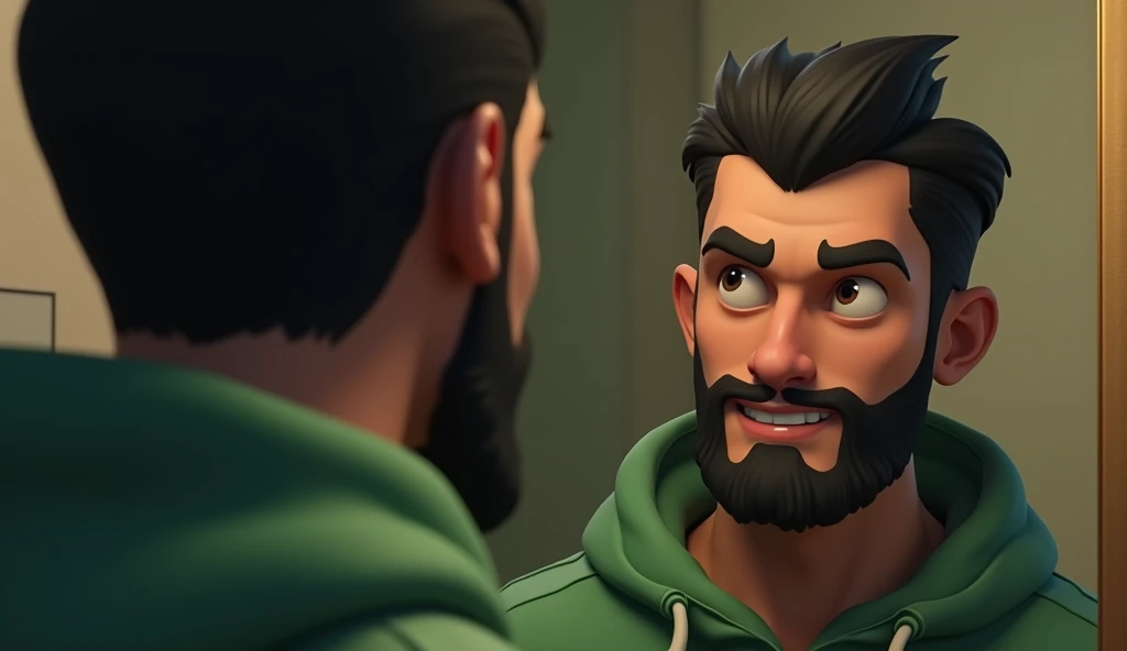 In an extremely sharp quality , a tall 35-year-old,  youre looking in the mirror happy ,  with short black hair licked back, And the short black beards ,  is wearing a torn green hoodie and poorly maintained.3D Disney