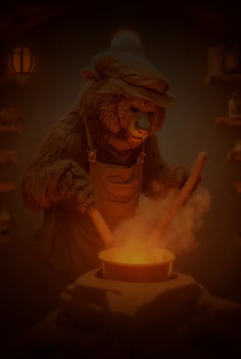 Bartholomew the Bear
A hyper-realistic image of Bartholomew, a gentle and burly anthropomorphic bear, wearing a well-worn apron and a crooked chef’s hat. He is stirring a steaming pot of glowing stew with a massive wooden spoon in a rustic kitchen. The kit...