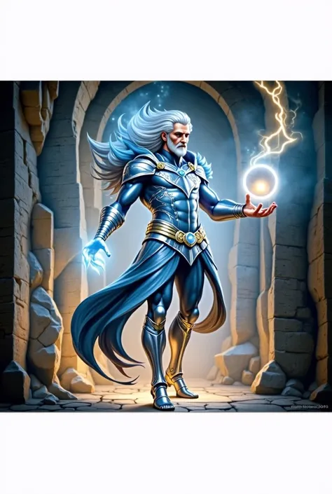 Merlin the wizard depicted in traditional English mythology, full body portrayed with a muscular physique and a perfect body frame, captured in a full body portrait reminiscent of ancient medieval artwork, showcasing his powerful and magical presence with ...