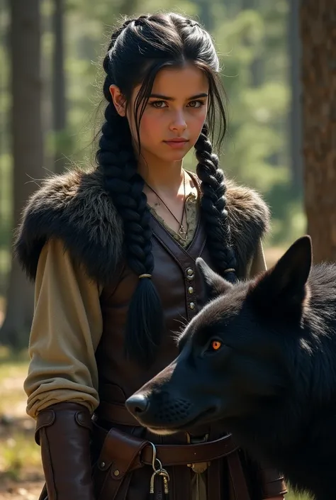 A determined teenage Viking with jet-black hair tied in intricate braids stands in a dense pine forest, leaning against a sleek, adolescent black wolf. Her hair gleams under the dappled sunlight filtering through the trees, and her piercing amber eyes exud...