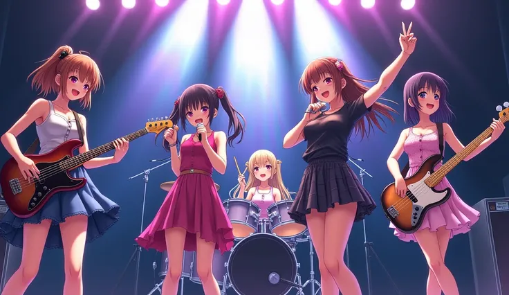 4 girls, anime style, a band, 1 brown hair with guitar, 1 black hair vocalist with microphone, 1 blonde drummer with sticks, 1 black hair bassist with bass , ultra detailed, 8k