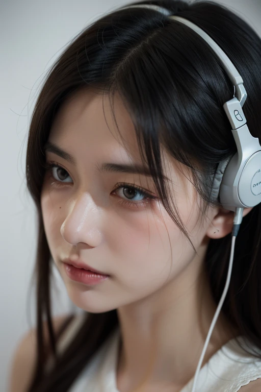 A super realistic young woman with straight black hair and expressive eyes, with subtle tears rolling down her cheeks, conveying sadness and nostalgia while listening to music through modern headphones. Her expression reflects a deep emotional impact from ...