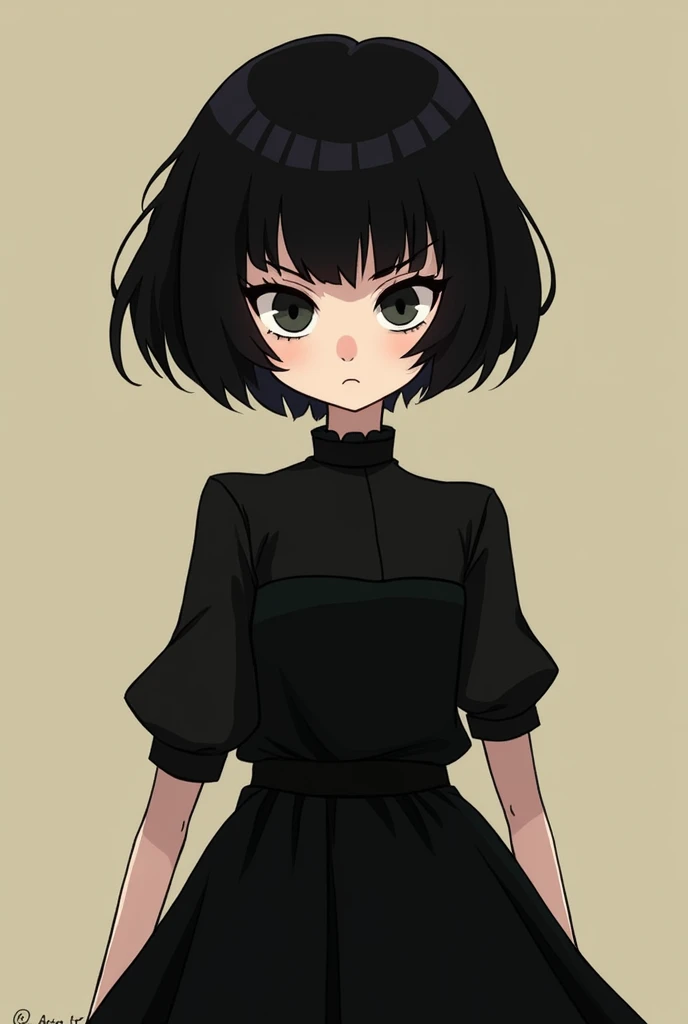 "A stylized illustration of a girl with short hair, reminiscent of Wednesday Addams. Shes wearing a black dress, has a serious, non-smiling expression, and exudes a powerful, back cat energy. The overall style should be dark and slightly edgy."
