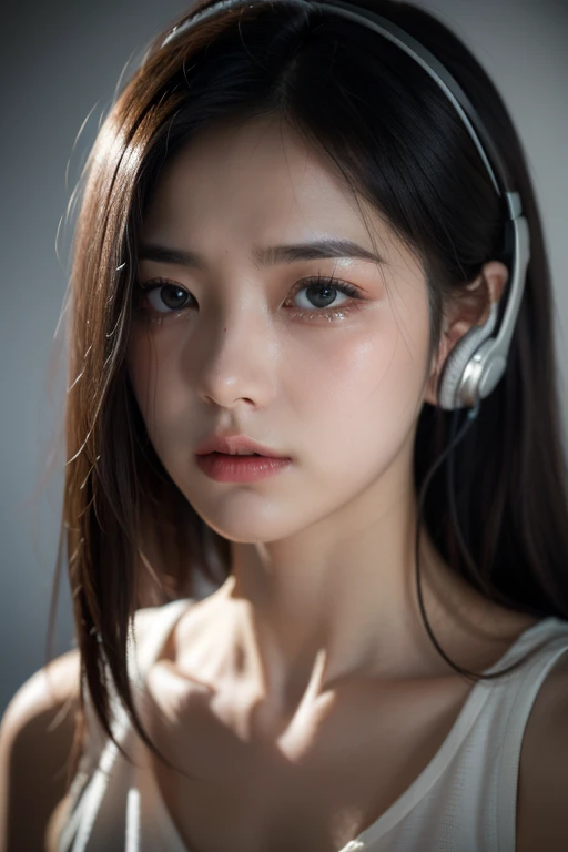 A super realistic young woman with straight black hair and expressive eyes, with subtle tears rolling down her cheeks, conveying sadness and nostalgia while listening to music through modern headphones. Her expression reflects a deep emotional impact from ...