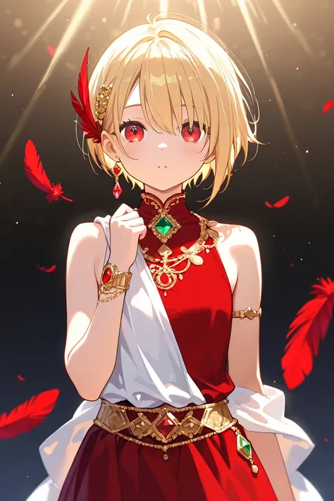 Blonde　 short hair　 red clothes　Feathers with jewels　 red eyes　Young