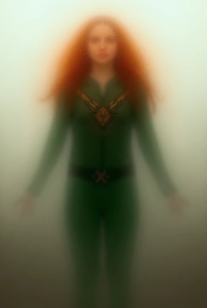 Atriz Sadie sink de stranger things como jeans grey a mutante da marvel,  floating over a city with buildings during the day and with red hair in the air ,  wearing a green jumpsuit with an inverted triangle symbol on the chest forming a phoenix,  and a be...