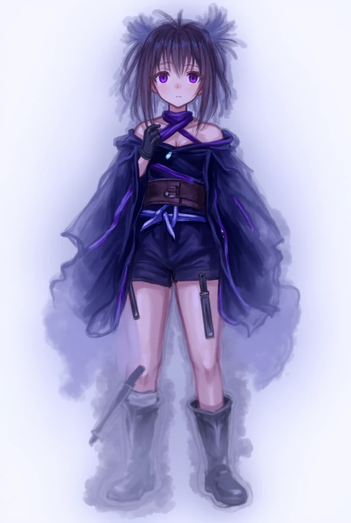 A hero costume for a girl. Colors: Black and Purple. A kimono like cropped top with flared but open shoulder sleeves. The sleeves are adorned with purple accents. She may wear shorts with a ribbon as a belt made from the fiber of Shota Aizawas scarf or low...