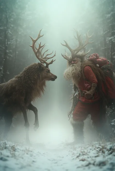  An ultra-realistic scene in a Christmas setting ,onde umThe reindeer de grandes dimensões,  with detailed feathers and penetrating eyes , You are staring at Santa Claus .The reindeer,  with their sharp claws and imposing horns , is in an aggressive stance...