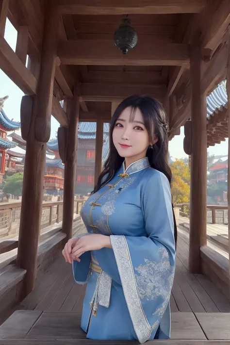 {{masterpiece,  top quality ,  highly detailed CG with long hem and sleeves, unity 8k wallpaper,  cinematic lighting}}, Traditional Chinese ink painting ,  1 girl,  full body , Ancient architecture,  blue sky,  sunny day, wooden building,  Famous protagoni...