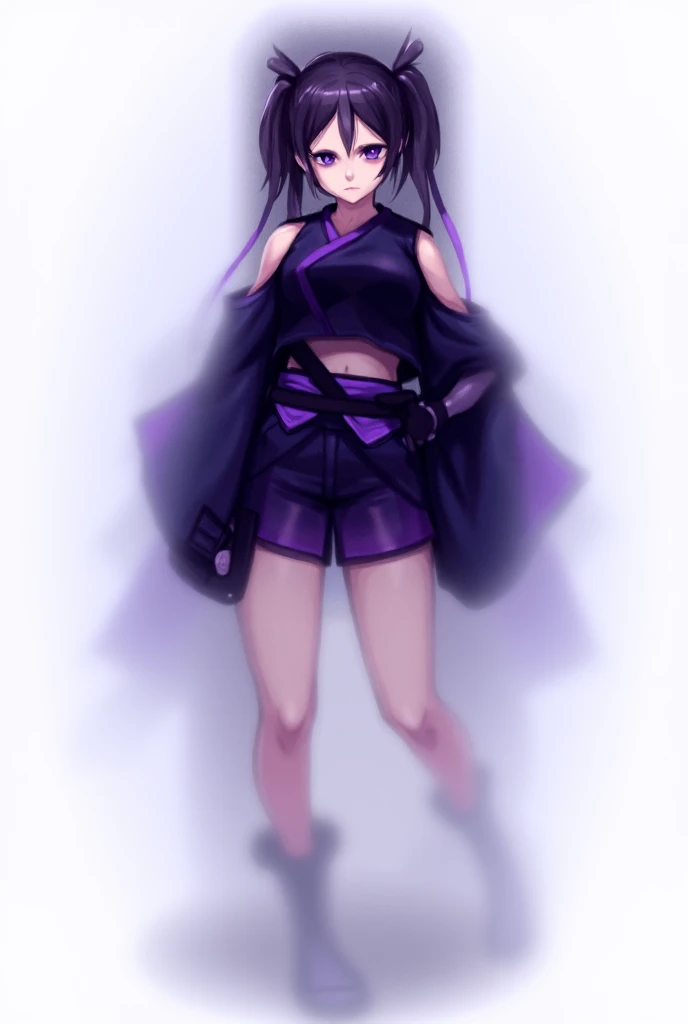 A hero costume for a girl. Colors: Black and Purple. A kimono like cropped top with flared but open shoulder sleeves. The sleeves are adorned with purple accents. She may wear shorts with a ribbon as a belt made from the fiber of Shota Aizawas scarf or low...