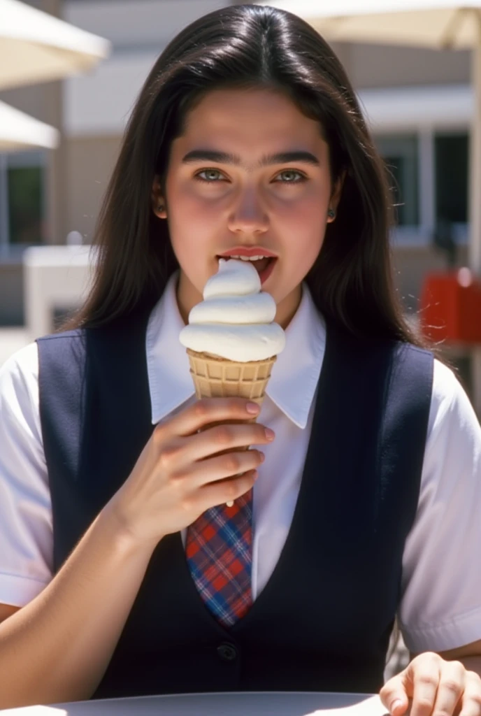 Front view, her beautiful profile, a very lovely girl with long black hair, (Jennifer Connelly at age 15), adorable face, beaming smile, She is licking a soft-serve ice cream in a cone with relish., she wears in a dark blue school uniform and white shirt w...