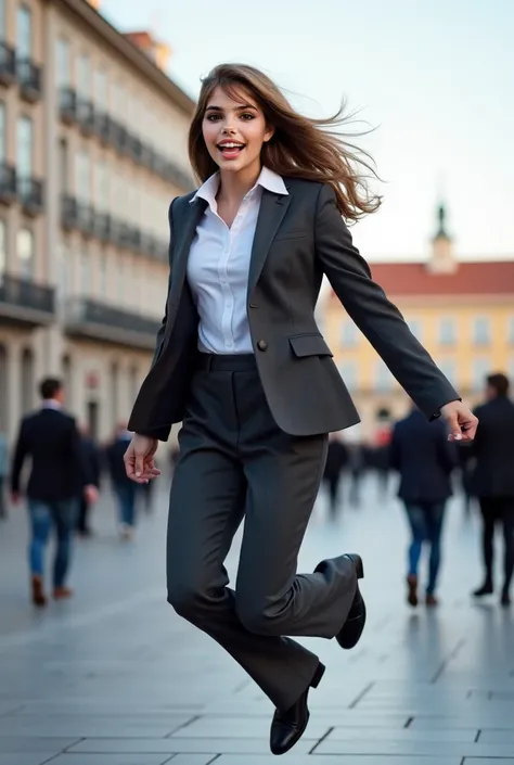  uses that face and generates a high definition image with the same face as the fringe of a slender high definition girl with corporate clothes formal office style wide dress pants, Bleiser dark gray tones  ,  jumping with a cheerful innocent face , The ha...