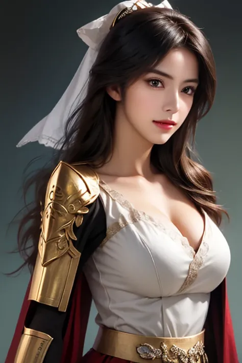 ((The upper body of a female warrior wearing gold and red armor and a cloak:1.4)),1 person,  black hair,  belly shortcut   ,Big breasts and cleavage,  high-definition face and skin texture  ,  staring at the camera,   Chinese Warrior:1.2,  perfect beauty: ...