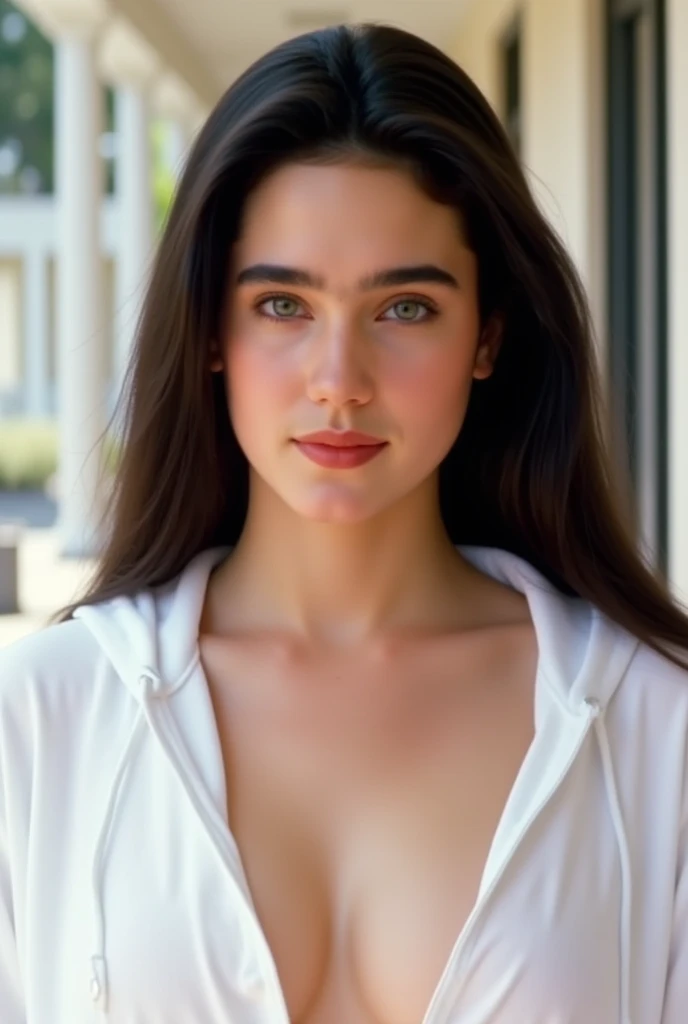 Front view, upper body, her beautiful face, a very lovely girl with long black hair, ((Jennifer Connelly at age 15)), cute face, she wears a loose white hoodie with its fron opened on her naked body., she wears no bra., she has a flawless pale skin., (no m...