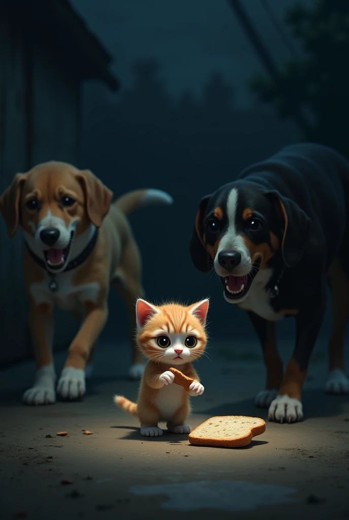 In the dark night , kitten is eating a bread and 3 dogs are coming to kitten and kitten looked afraid and shocked