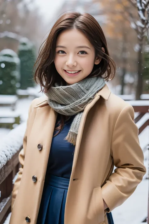 (8k, RAW photo, photorealistic, HQ, masterpiece), a cute Japanese girl,(glowing eyes), 
(smile ), brown hair, fluffy Pixie Bob hair, large breasts, (Stylish winter outfits, Scarf, coat, long skirt), 
standing pose, Seductive pose, (Snow continuing to fall:...